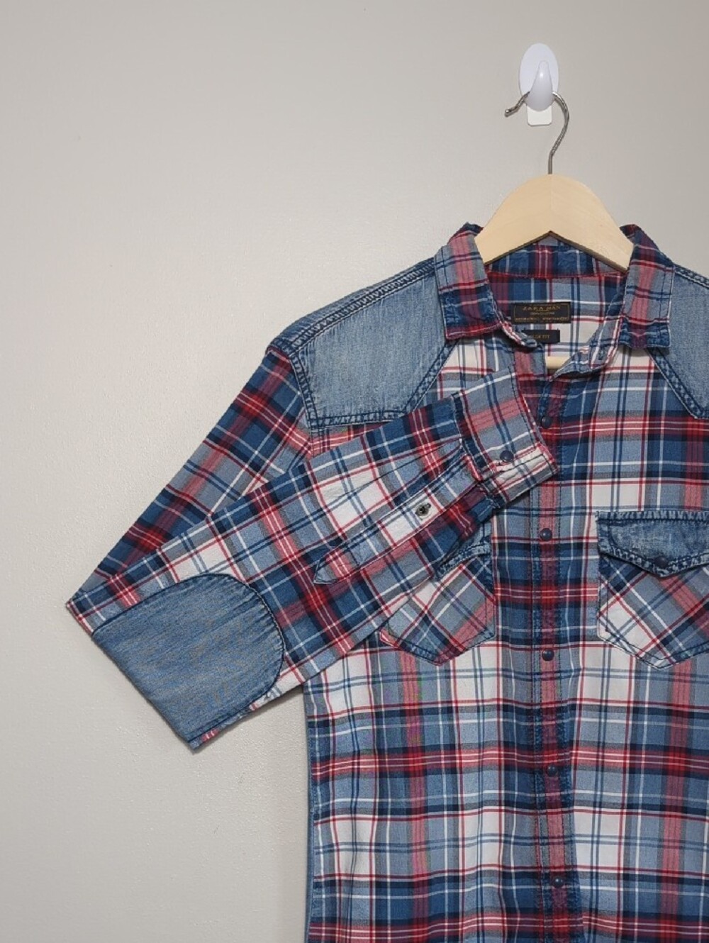 Zara Man‎ Slim Fit Plaid Button-Up Shirt Denim Red White Blue 4th of July SM/MED - Picture 10 of 16